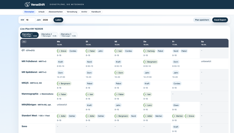 VersaShift Dienstplan – KW 16/2026 mit Arbeitsplätzen, Ärzt:innen und Zeitfenstern